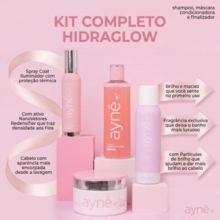 Coleção Hidra Glow Completo - Shampoo + Máscara Capilar + Spray Finalizador + Spray Perfumado  Brilho sem frizz