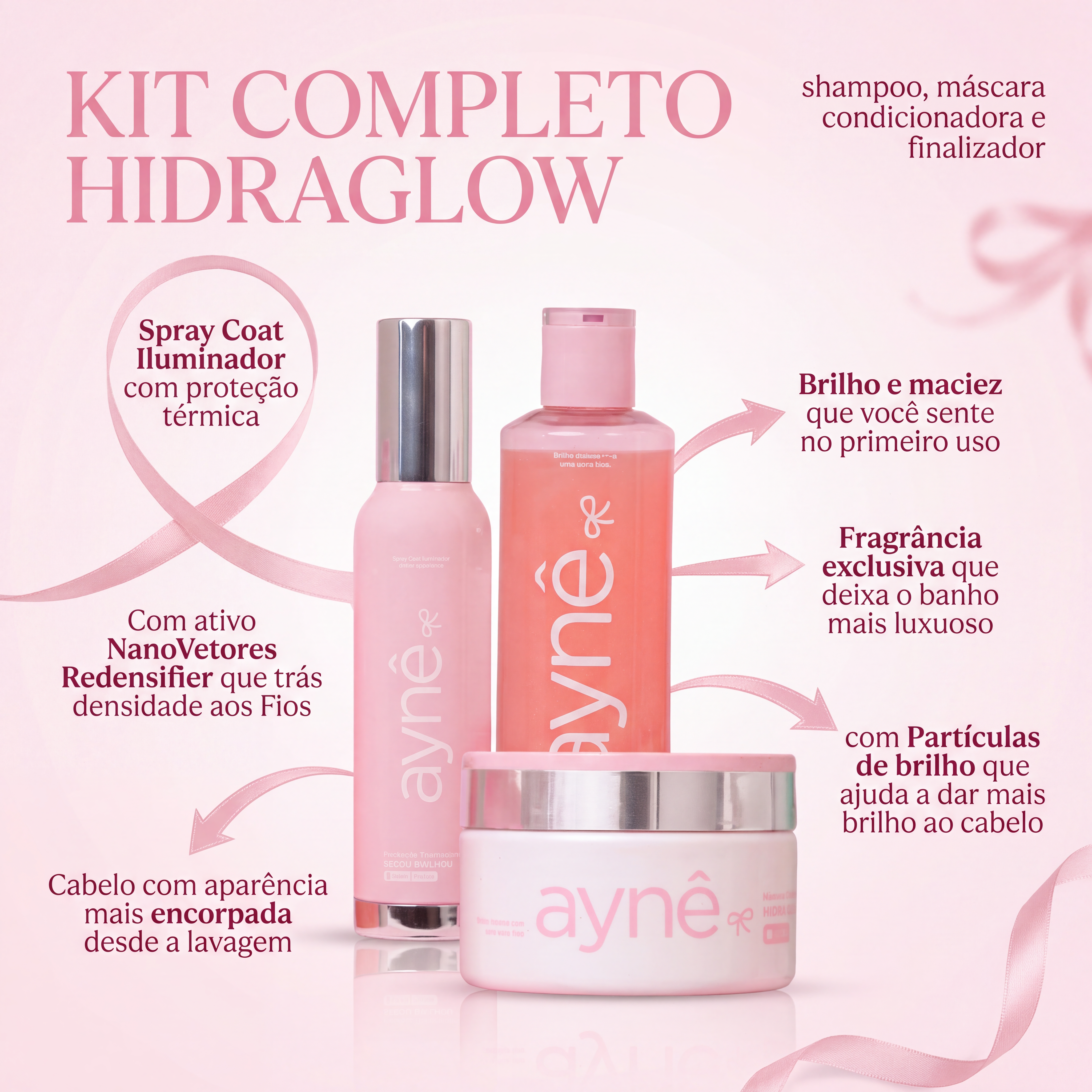 Coleção Hidra Glow - Shampoo + Máscara Capilar + Spray Finalizador Brilho sem frizz